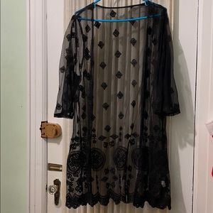 Black Lace Kimono with Velvet Embroidered Detail